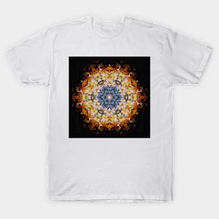 Digital Mandala Blue Yellow Orange and Black T-Shirt